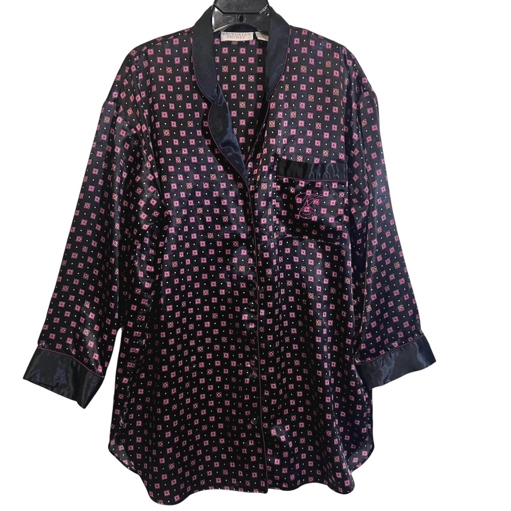 Vintage Victoria's Secret Embroidered Satin Sleep Shirt in Black and Pink